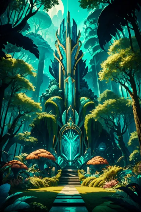 a digital painting of a tall tower in the middle of a forest