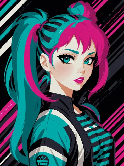 poster by tom whalen, digital art, upper body photo of a sexy girl with pink teal ambre twintails hair, dressed in striped techwear jacket and leggins, black and white, striped background <lora:Tom_Whalen_SDXL:1>