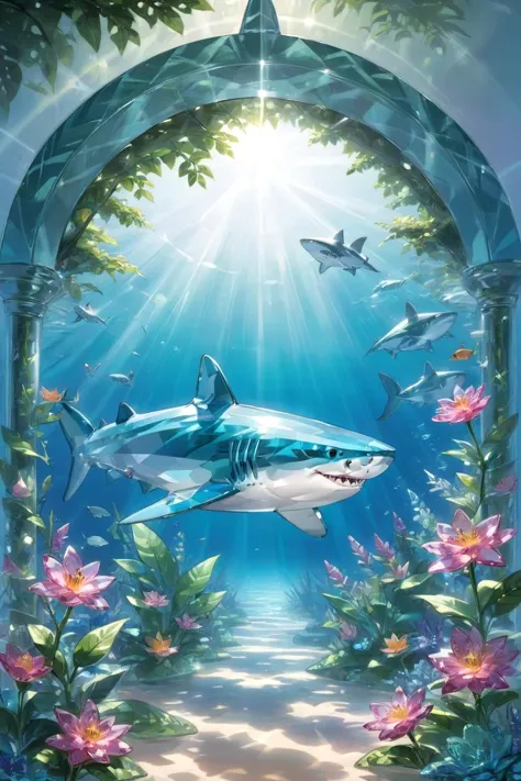 mystical, shark, Amidst a hidden sanctuary, a garden of serenity unfolds, its tranquil blooms inviting inner peace and harmony, Being focused by lenses or mirrors made of pamcrystal, <lora:sdxl_glass_crystal:0.8>