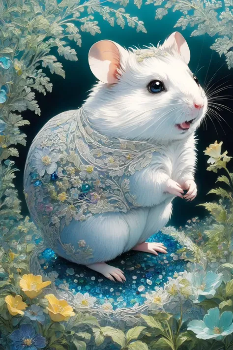 mythical, hamster, Within a hidden enclave, a botanical masterpiece blooms, its meticulously arranged flowers a testament to nat...