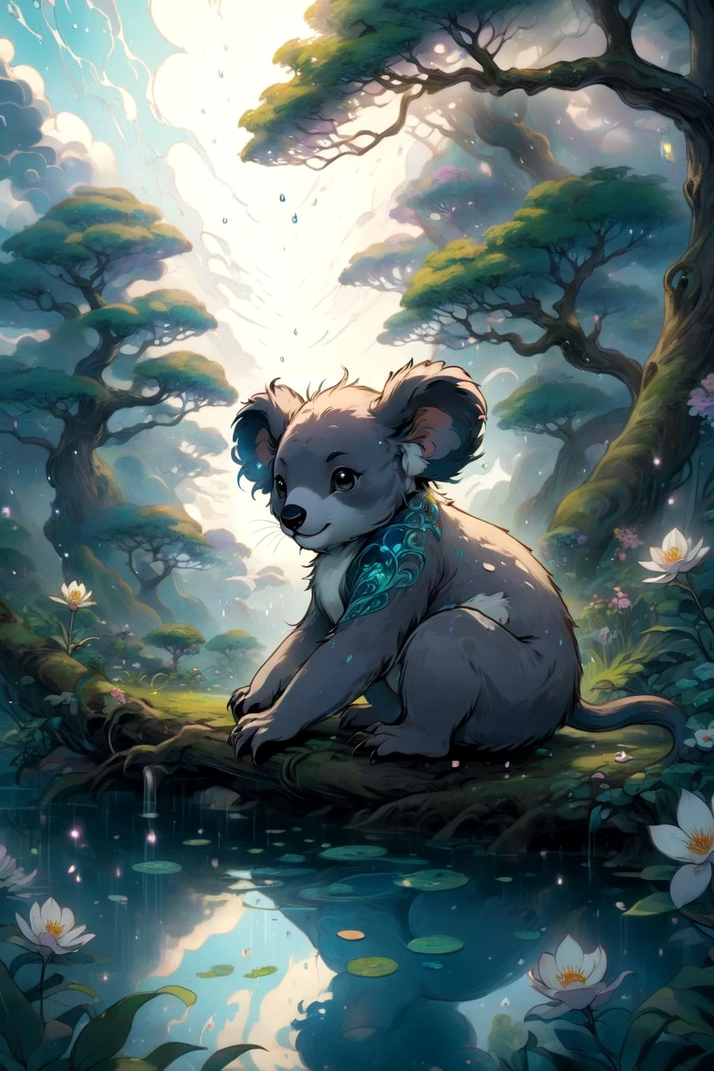 misterioso, koala, En un reino de serenidad encantada, Un jardín de tranquilidad florece, su belleza zen que induce una sensación de paz interior, Ser refractado y dispersado por gotas de lluvia hechas de nubes míticas 