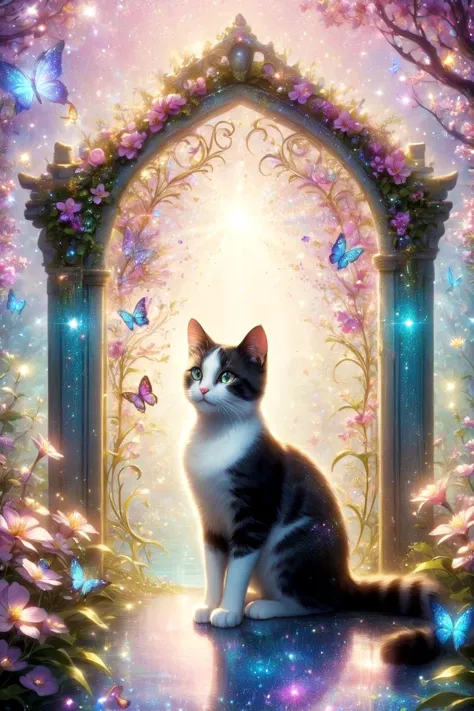 mythical, cat, Amidst a realm of ethereal allure, a hidden garden of wonders emerges, its enchanting blossoms a gateway to enchantment, Creating a sense of depth and dimension made of sparkles, glitter <lora:Sparkle_Explosion:0.8>