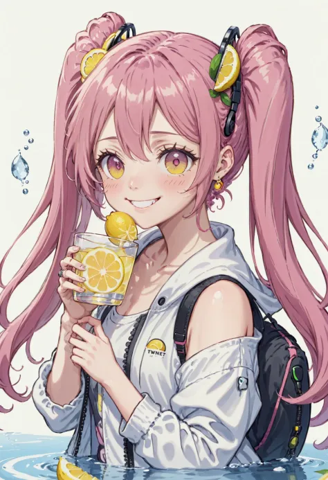 1girl, ahoge, bare shoulders, blush, closed mouth, cup, drinking glass, food, frills, fruit, hair between eyes, hair ornament, hairclip, headphones, headset, holding, holding cup, ice cube, jacket, lemon, lemon slice, long hair, long sleeves, looking at viewer, off shoulder, open clothes, open jacket, partially submerged, pink eyes, pink hair, puffy long sleeves, puffy sleeves, shirt, shoulder tattoo, simple background, sleeveless, sleeveless shirt, smile, solo, twintails, upper body, very long hair, water, white background, white jacket, x hair ornament