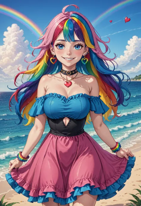 1girl,  bare shoulders,  beach,  blue hair,  blunt bangs,  bracelet,  choker,  cleavage,  sunny partly cloudy day,  earrings,  frilled dress,  grey eyes,  hands up,  heart,  jewelry,  cleavage,  multicolored clothes,  multicolored dress,  multicolored skirt,  necklace,  ocean,  off shoulder,  outdoors,  pink hair,  rainbow,  multicolored hair,  rainbow hair,  sky,  smile,  solo,  streaked hair,  two-tone dress,  water