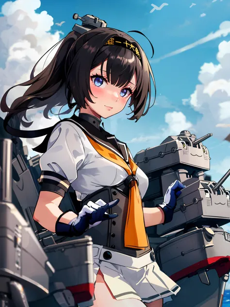 akizuki \(kancolle\), 1girl, skirt, gloves, headband, school uniform, sailor collar, serafuku, neckerchief, pleated skirt, sky, white skirt, day, cloud, corset, blue sky, cowboy shot, solo, clothes writing, multicolored gloves, machinery, outdoors, black sailor collar, white gloves, black headband, blurry, yellow neckerchief, grey eyes, ahoge, rigging, breasts, original, intricate detail, illustration, masterpiece, extremely detailed CG unity 8k wallpaper, highlight, sharpening, dynamic, <lora:Akizuki-11:0.8>,