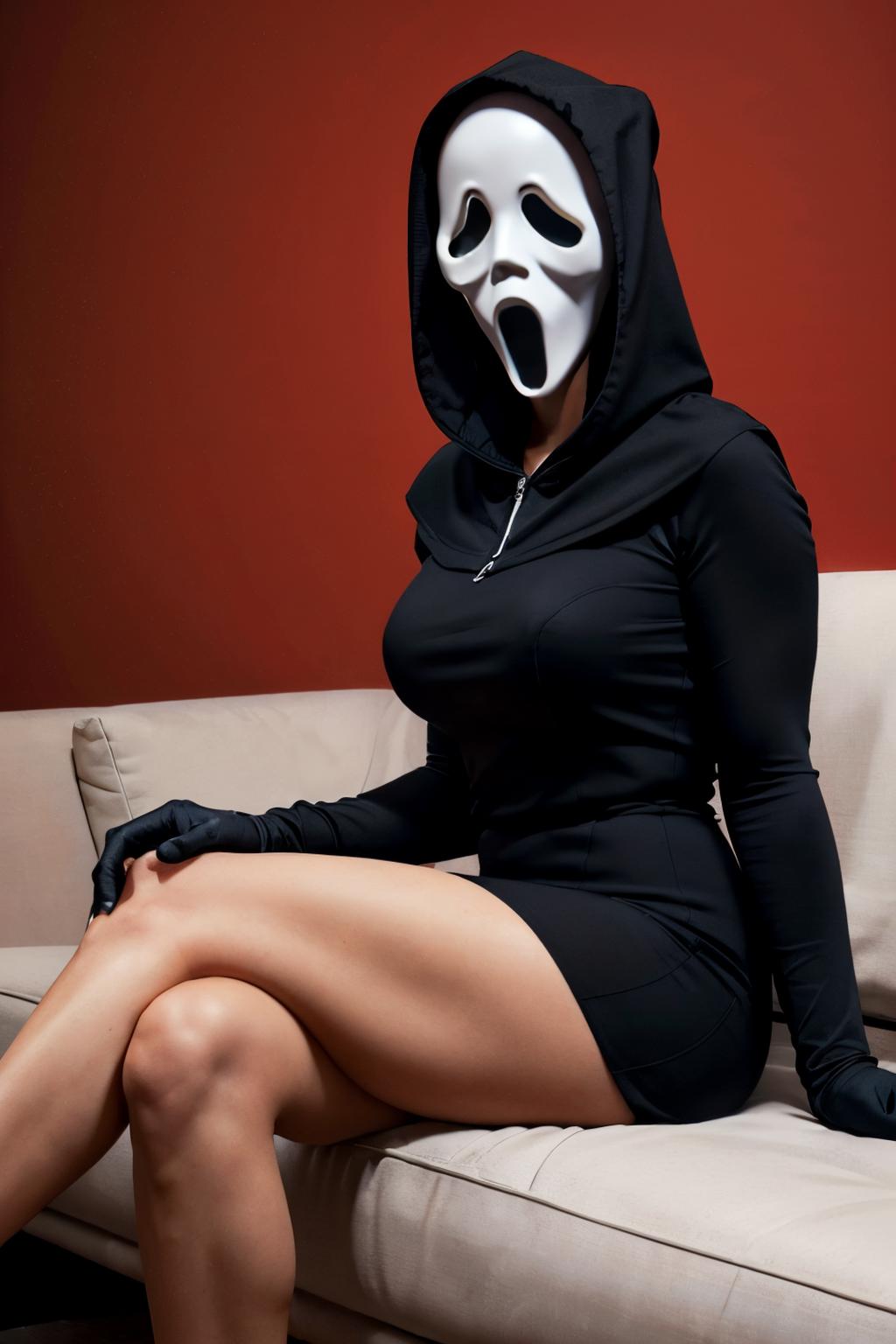 Arafed woman in a black dress and a white mask sitting on a couch - SeaArt  AI