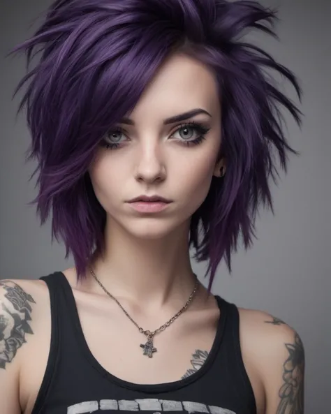 a woman with purple hair and tattoos posing for a picture