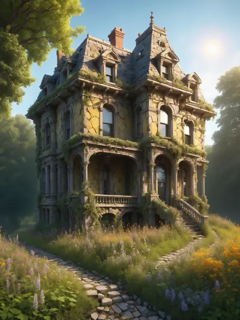 An abandoned Victorian mansion overtaken by nature, with mad-efeu climbing its crumbling walls made of mad-rubble and wildflower...