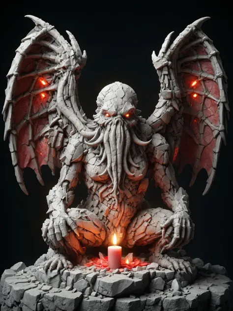 a close up of a statue of a demon with a candle