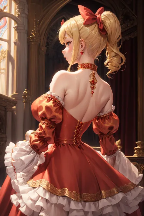 A young blonde woman, high ponytail, jewelry,
naked back,
embraided tight red dress, Juliet sleeves, long puffy sleeves, red bow...
