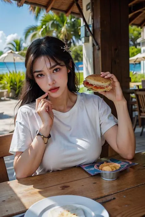 ((:1girl, bangs, beach, black hair, breast rest, breasts, burger, day, food, french fries, hair ornament, hairclip, holding food...