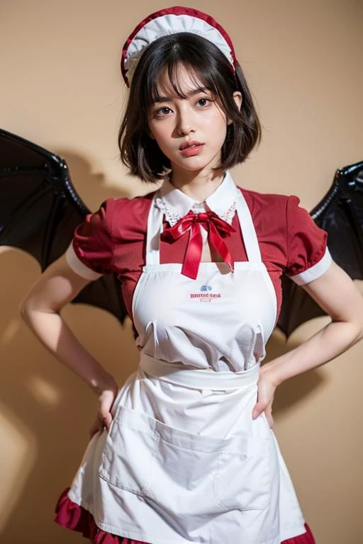 (pureerosface_v1:0.5), ( fakebreasts), (1girl, korean girl), large breasts, thick thighs,
1girl, alternate costume, apron, bangs, bat wings, blue hair, blush, cowboy shot, dress, duster, enmaided, eyebrows visible through hair, fangs, frilled apron, frills, hair between eyes, hand on hip, holding, looking at viewer, maid, maid apron, maid headdress, neck ribbon, open mouth, petticoat, puffy short sleeves, puffy sleeves, red eyes, red neckwear, red ribbon, remilia scarlet, ribbon, short hair, short sleeves, solo, standing, waist apron, white apron, wings, wrist cuffs