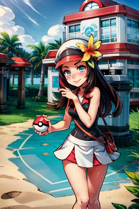 ((masterpiece,best quality)), absurdres,
<lora:Pokemon_Center:0.8>, Pokemon_Center, building,
sky, day, tree, grass, plant, poke ball, sign, poke ball (basic), road, poke ball (basic), road, bush, path, vending machine, poke ball theme, 
(tropical beach:1.3), 
long hair, blush, smile, blue eyes, brown hair, black hair, hair ornament, 1girls,