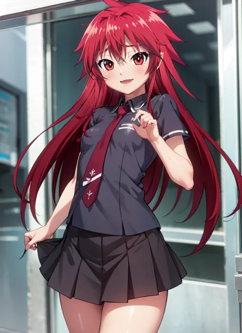 anime girl with red hair and a short skirt standing in front of a building