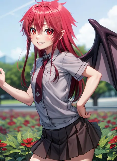 ((best quality)), ((highly detailed)), , (1girl), (solo), dynamic pose, cowboy shot, <lora:hairdetailer:.8>, <lora:mari_setagaya:1>, mari setagaya, red hair, long hair, red eyes, small breasts, smiling, succubus-form, demon girl, <lora:slit-pupils:1>, snake eyes, pointy ears, demon wings, bat wings, school uniform, collared shirt, grey shirt, short sleeves, necktie, pleated skirt, black kneehighs, loafers, (outdoors, at a flower field, dawn, clear weather)