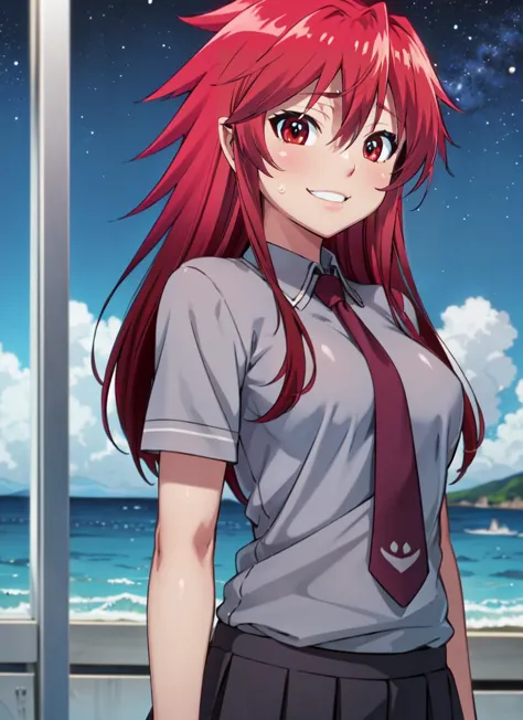 anime girl with red hair and a tie standing in front of a window