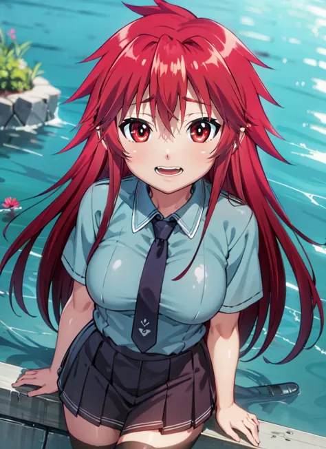 anime girl with red hair and blue shirt and tie standing on a dock