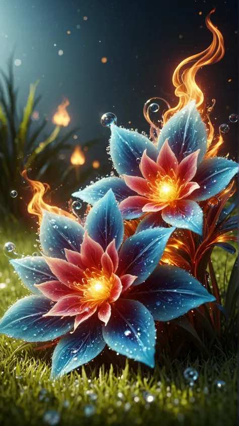 a close up of a flower with fire coming out of it