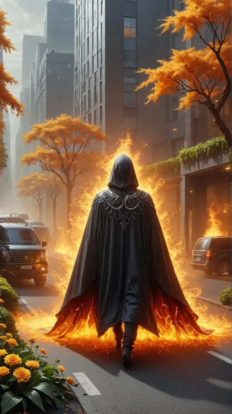 a man in a cloak walking down a street with fire