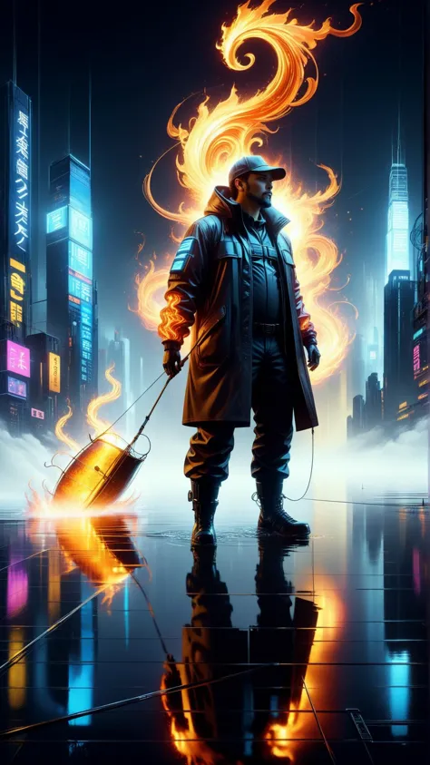 a man in a trench coat holding a suitcase with fire coming out of it