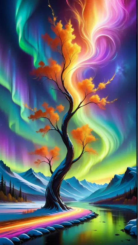 a painting of a tree with aurora lights in the sky