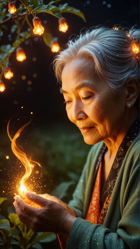 an old woman holding a sparkler in her hands in a garden