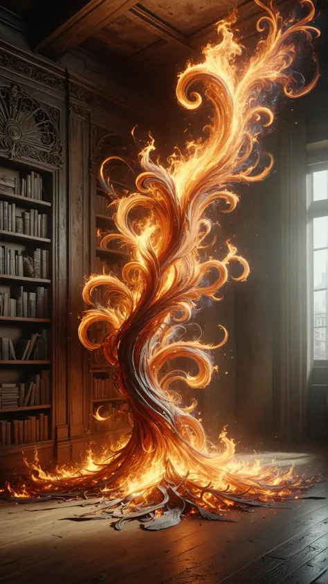 a fire tree with a long tail is in the middle of a room