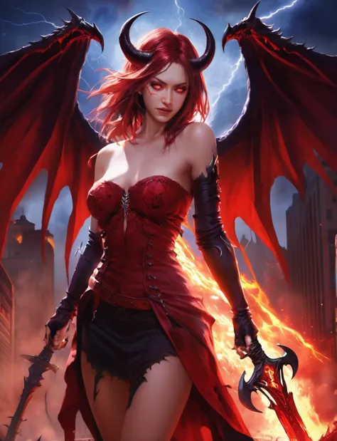 (masterpiece, high res, best quality),1 girl, demon queen, collarbone, devil wings, thunder, hell, fire, night city, blood on face, scythe, demon, mysterious