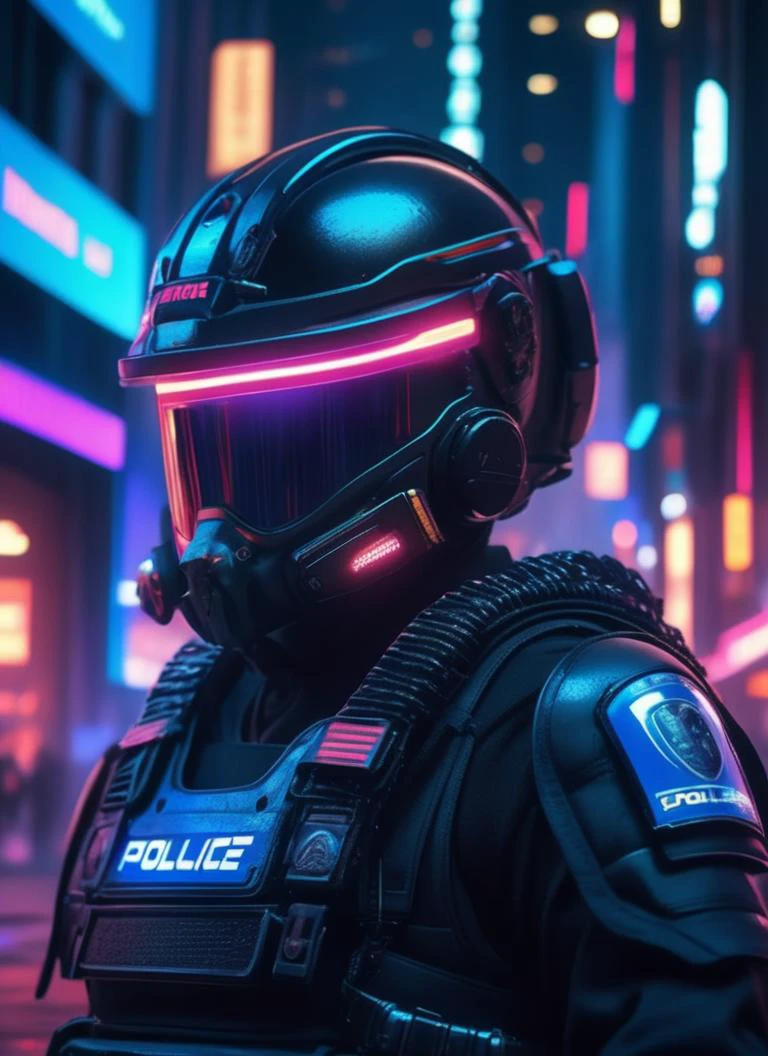 (Obra de arte:1. 5), (melhor qualidade:1. 5)Polícia na rua usando equipamento anti-motim leve e pesado em uma cidade cyberpunk, capacete policial avançado, reflexos de luzes neon, mapeamento de reflexão, design e detalhes intrincados, iluminação dramática, fotorrealista, cinematic, 8K, motor irreal, renderização de octanagem, profundidade de campo, misterioso,