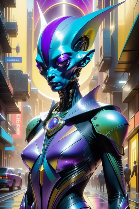 (Pathetic Painting:1.3) of (Cel shading:1.3) of ((A regal alien diplomat with elegant attire, unique markings, and cosmic access...