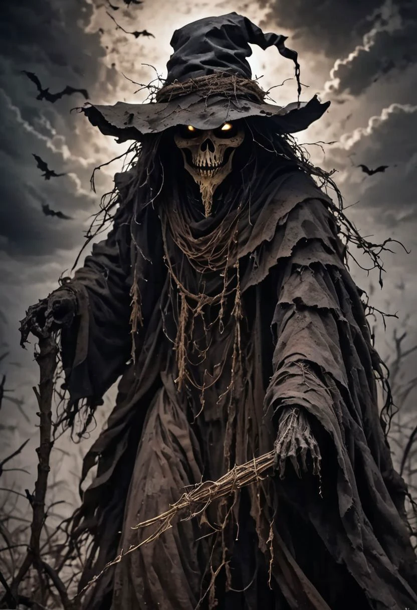 Scarecrow of the Apocalypse. A menacing figure cloaked in darkness, adorned with tattered robes and a weathered hat. His eyes glow with an otherworldly light, instilling fear in all who cross his path. His presence heralds doom and despair, a harbinger of the end times. Capture the eerie essence of his form in a single scene. DEVIL SPAWN.