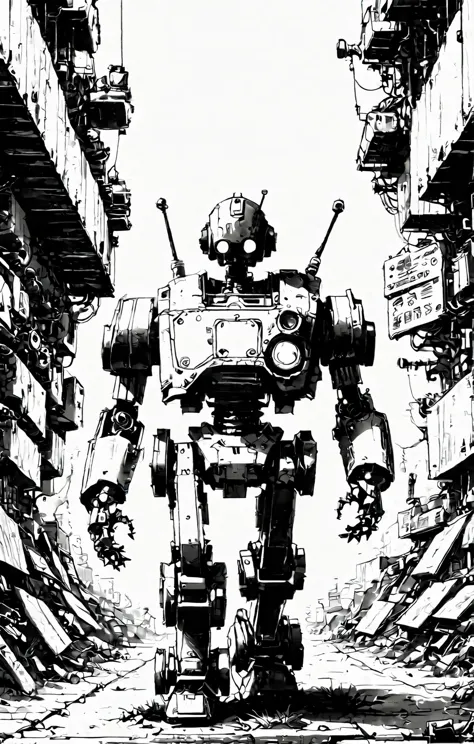 (MessyManga, detailed manga light pencil sketch), Acidwave aesthetic, a cute little robot lost in a clutterd junkyard, stunning background. masterpiece, absurdres, intricate details <lora:MessyManga:0.65>