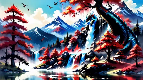 big waterfall in the center of the moutain, <lora:Haute_CoutureXL:0.4> dragon behind mountains,  <lora:ChalkDustStyleSDXL:0.8> white background, scenery, ink, mountains, water, large lake with reflections, trees, red trees, birds in sky, magnific landscape, ink style, high quality, lot of detail, large