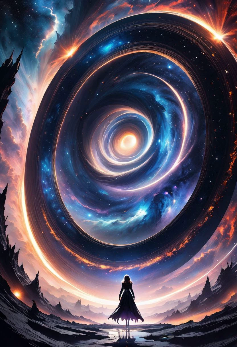 Massive black hole, gothic surrealism, dramatic light. Gothic-sci-fi and dark fantasy influences. A demon female stands in front of a centered black hole, embodying the eerie, majestic force of the cosmos. Space is alive with swirling galaxies and ethereal light, capturing the sublime terror of the universe. Colorful, OverallDetail