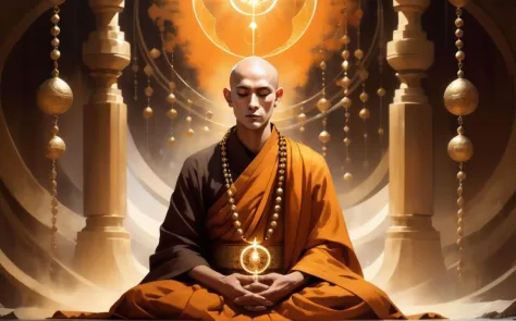 mysterious, fantasy, 1 monk wearing a giant rosary on his chest, beautiful eyes, bald head, sitting in meditation,halo in the ba...