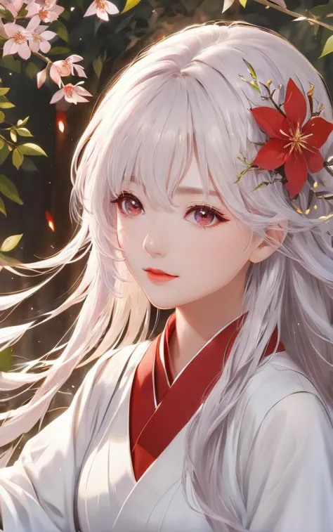 masterpiece, best quality
1girl, long hair, looking at viewer, hair ornament, white hair, branch, flower, solo, hair flower, blu...