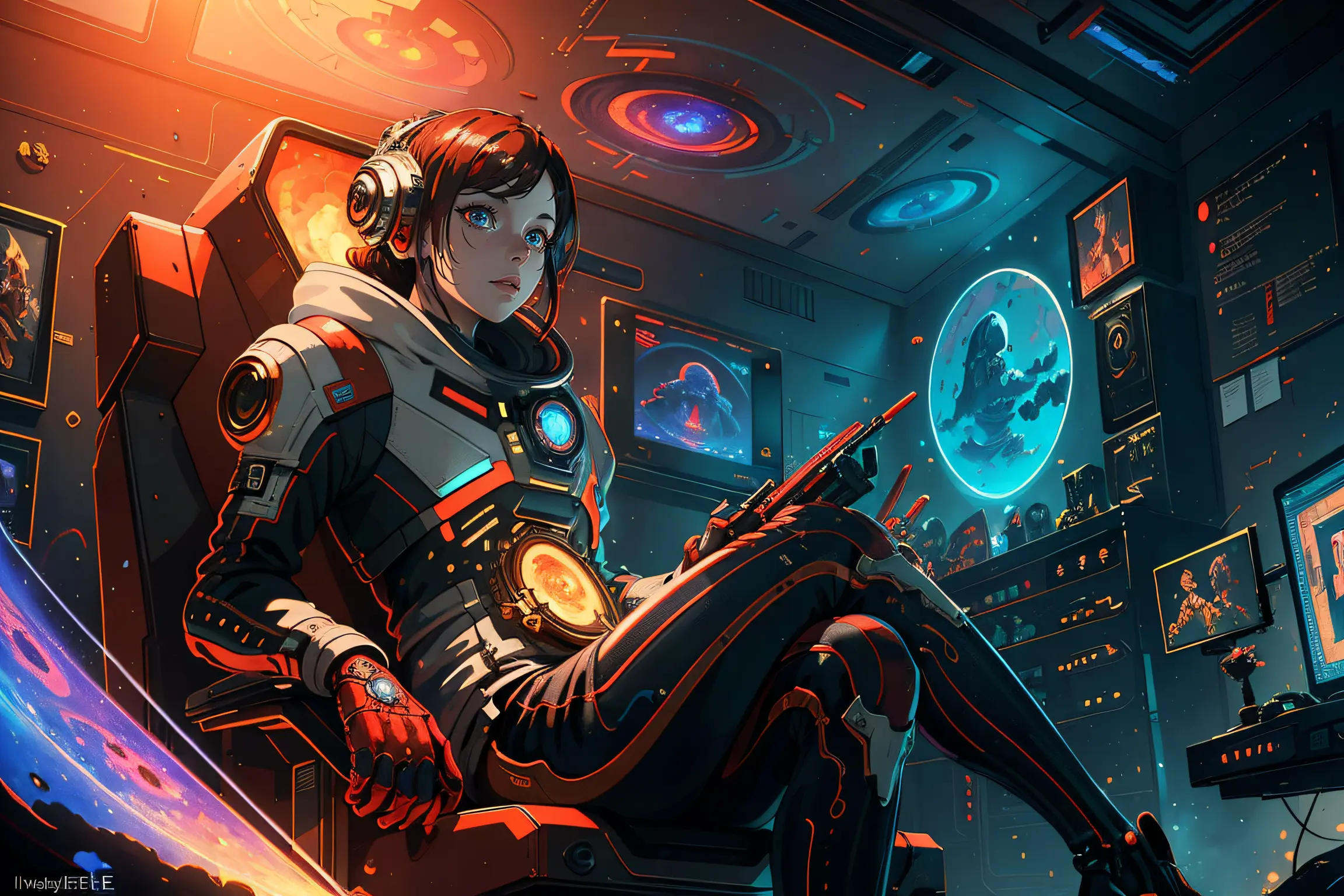 (masterpiece, best quality, illustration, unreal engine 5, official art:1.3), Rich Red color scheme, A picture of a technocratic, omnivorous, iridescent, alien, (sitting in a starbase control room:1.2), intricate detail, absurdres, 8k