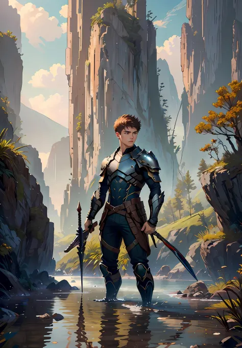 photorealistic, (hyperrealistic:1.2), beautiful, masterpiece, best quality, extremely detailed face, perfect lighting, WarriorStyle, full body, (holding weapon:1.4), 1boy, male focus,facing viewer,  forest, nature, outdoors standing, holding weapon,(short brown hair), boots, solo, pants, water, , armor, sword, scenery, facing away,athletic,detailed hands and fingers,