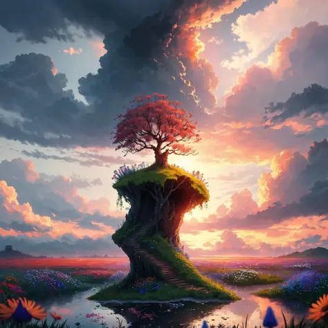 masterpiece of a lone tree in a field on a floating island, cloudy sky, windy, wildflowers, fantasy, magic, tree roots, high qua...