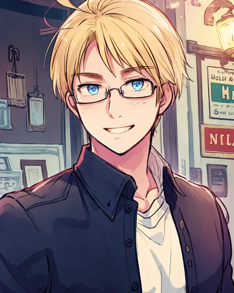 anime boy with glasses and a black jacket standing in front of a building