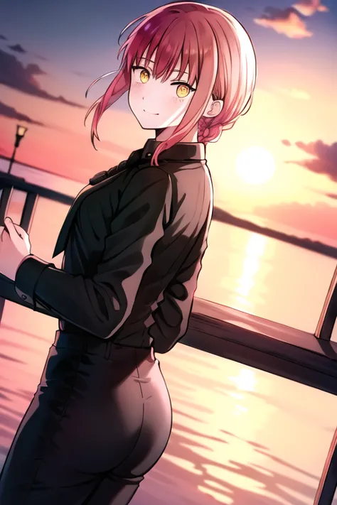 anime girl standing on a pier looking out at the water