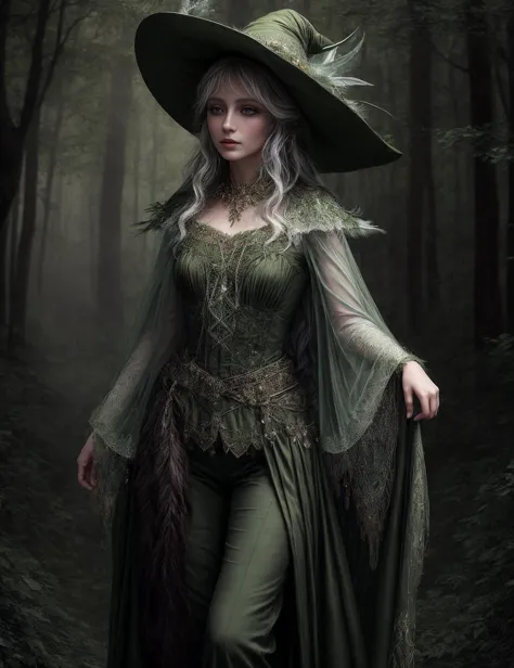 ((best quality)), ((masterpiece)), ((realistic)), (detailed),  a russian broad fairie witch  wearing olivegreen ethereal capelet...