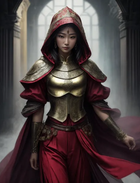 ((best quality)), ((masterpiece)), ((realistic)), (detailed),  a East Asian Strong android Mage  wearing CherryRed Jeweled breastplate, shimmering with magical energy and Linen wide-legged pants, perfect for a cool and relaxed summer look and Veiled hood, concealing the wearer's face in an air of mystery,  (solo:1.2), Mystical Radiance,((masterpiece)), absurdres, HDR, <lora:add_detail:1>, <lora:LowRA:0.5>