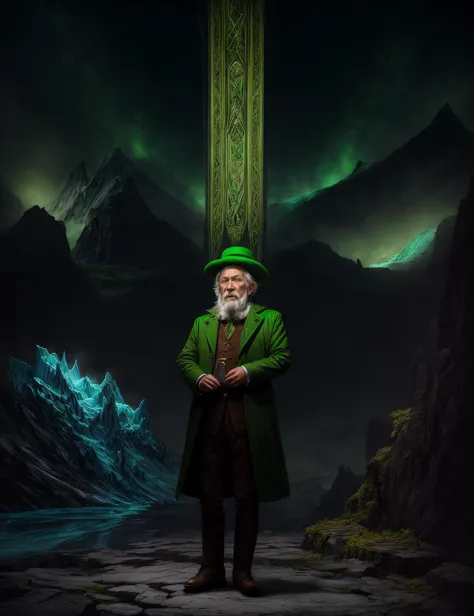 ((best quality)), ((masterpiece)), ((realistic)), (detailed), male leprechaun, mischievous, solitary,old men wearing green coats...