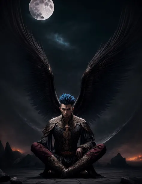 ((best quality)), ((masterpiece)), ((realistic)), (detailed), male Vampire, legendary creature, force, power, blood, undead, beautyful, alluring, night, moon, fangs, fantasy, Ageless Graceful, Central Asian, Steel gray eyes,  , Rose Gold Faux hawk hair, Anticipation,, Mystic Meditation, Cross-legged, entering a meditative state for magic, Feathered Wings Mystic, (Pareidolia,tsunami,Amorphous,Convection,SteelBlue ,Cylinder,Broken lines magic:1.3) Ice Manipulation , ((masterpiece)), absurdres, HDR, <lora:add_detail:1>, <lora:LowRA:0.5>