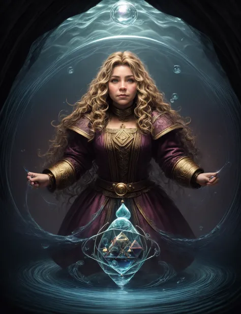 ((best quality)), ((masterpiece)), ((realistic)), (detailed), female Dwarf, short-statured humanoid beings, 3 to 4 feet tall, skilled craftsmen,expertise in mining and blacksmithing, resilience, determination, fantasy, Fifty-something, Slinky, Russian, Light brown eyes, Jaw, Sandy Blonde Wavy haircut hair, Hope, Solving riddles within enchanted puzzles, unlocking magical doors,  Magician, (Wavy lines,Curved lines,Superfluid,BubblegumPink ,Circulation,tornado,Rotation,Convection,Tetrahedron magic:1.3) Magnetism Manipulation , ((masterpiece)), absurdres, HDR, <lora:add_detail:1>, <lora:LowRA:0.5>