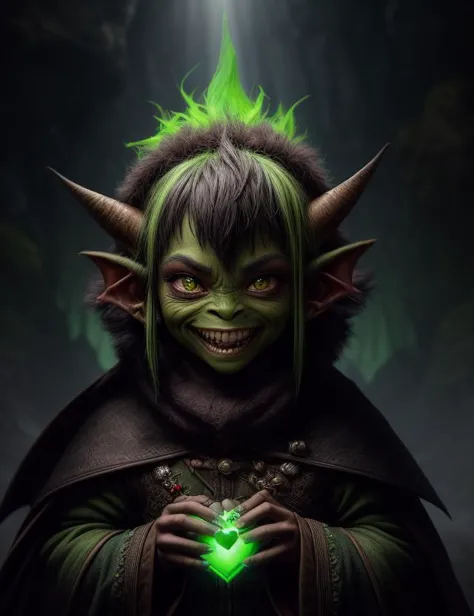 ((best quality)), ((masterpiece)), ((realistic)), (detailed), female goblin,imaginative and mischievous goblin character with a ...