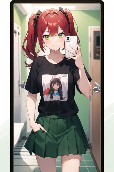 1girl, casual clothes, t-shirt, pleated skirt, twintails, long hair, short sleeves, standing, selfie, mirror, green wall, indoor...