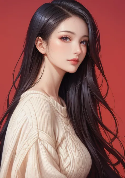 a woman with long black hair and a sweater on