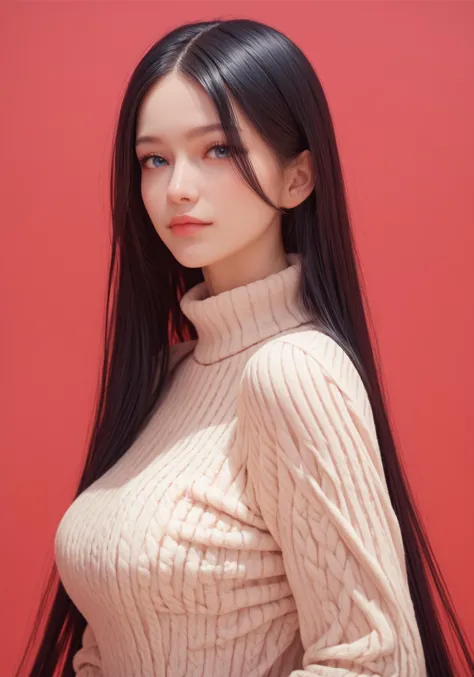 a woman with long black hair wearing a beige sweater